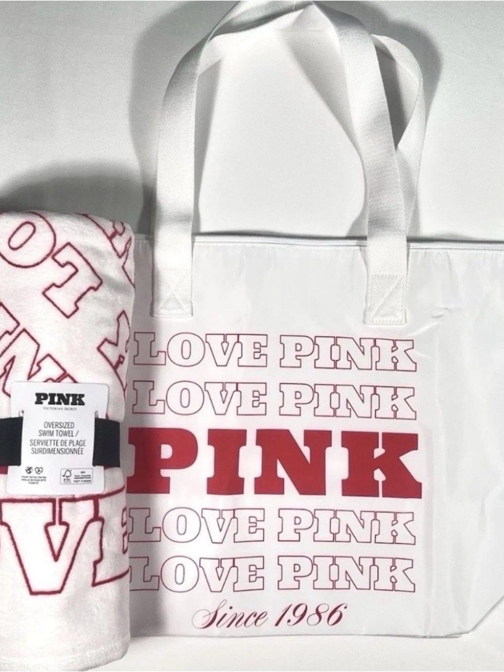 PINK Victoria's Secret White Tote with Red 'PINK' Logo and Towel